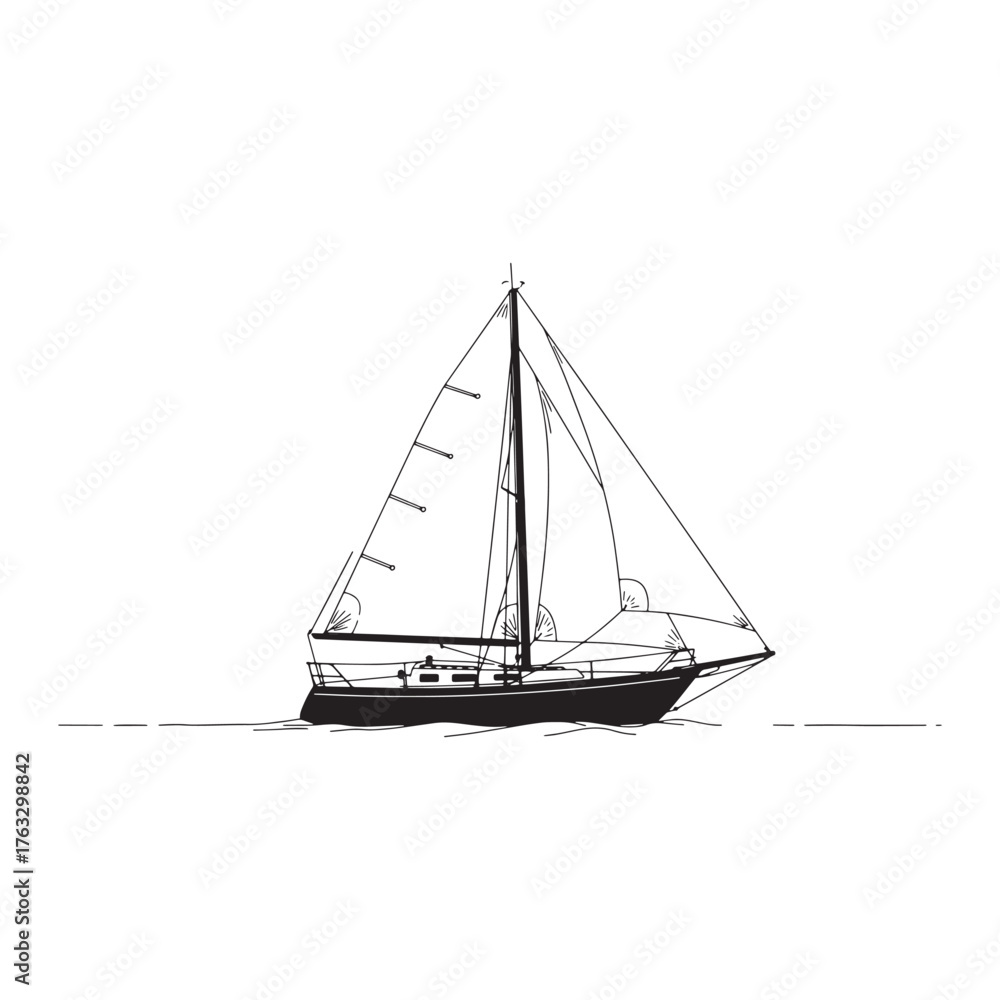 Obraz premium Black and White Line Drawing of a Sailboat on Water