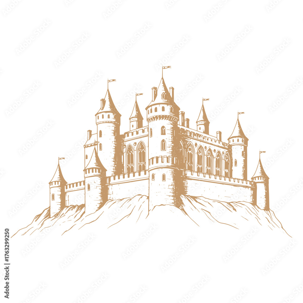 Obraz premium Detailed Castle Illustration on White Background Keywords: castle, medieval, fortress