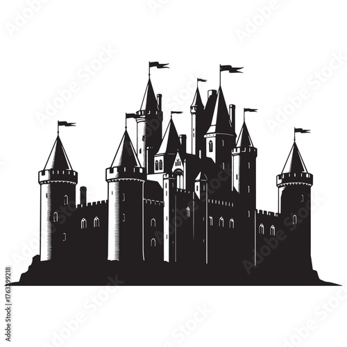 Detailed black silhouette of a medieval castle with flags