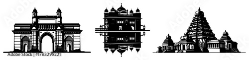 Indian Landmarks Vector Set Gateway Of India Hawa Mahal And Dravidian Temple Line Art Illustration