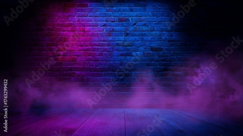 Neon Brick Wall with Wooden Floor and Smoke.
