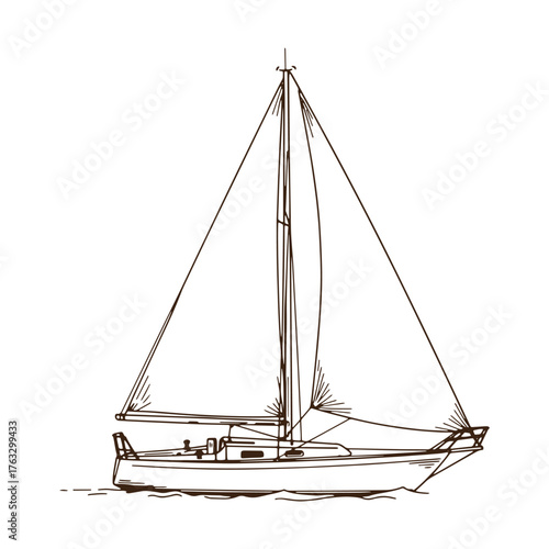 Hand drawn sailboat on white background sailing water