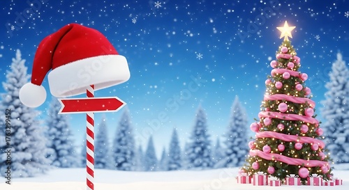Festive christmas scene with a decorated evergreen tree adorned with pink ribbon and a star alongside a santa hat on a candy cane pole with a directional signpost set against a snowy winter forest bac