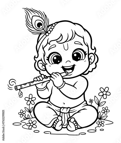 baby krishna playing flute black and white clip art preview