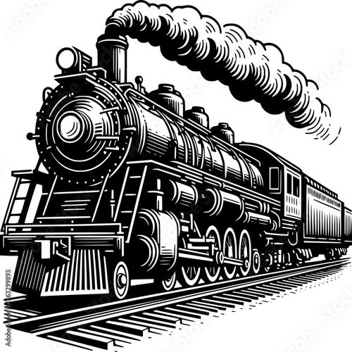 Iron Horse on Rails: A meticulously detailed black and white illustration of a vintage steam train, billowing smoke as it speeds along the tracks.