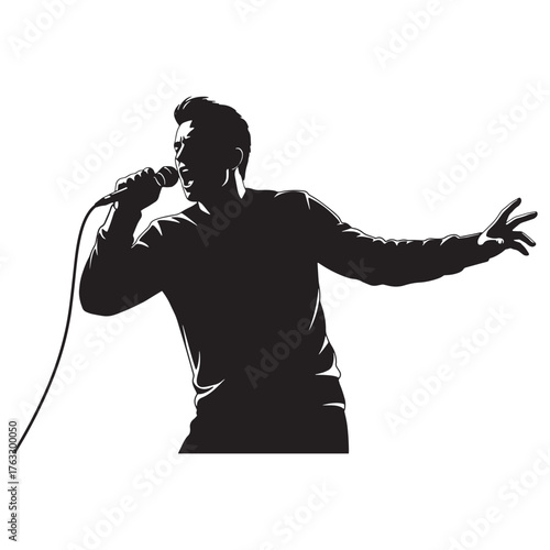 Singer with microphone silhouette singing music