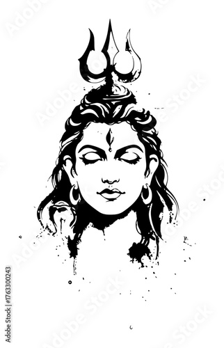 Grunge Lord Shiva portrait with Trishula Black and white vector for spiritual art and tattoo design