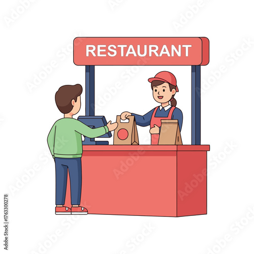 Friendly cashier hands takeout bag to customer at modern restaurant counter