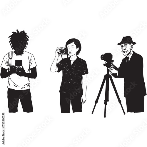 Three photographers with cameras and tripod illustration