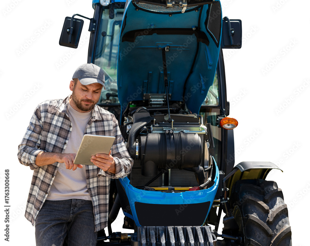 Fototapeta premium Agricultural machinery mechanic using a computer tablet near the tractor.