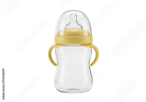 Isolated yellow and clear baby bottle with handles, nipple, and cap on a neutral backdrop