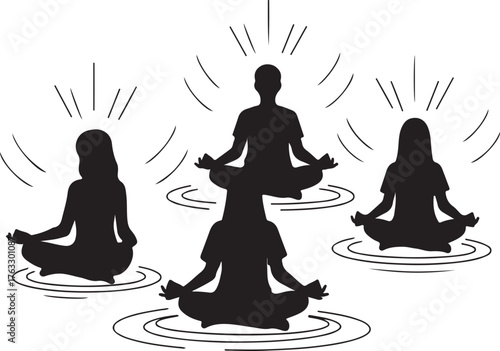 Silhouettes meditating in a spiritual circle meditation
