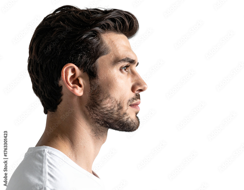 Obraz premium Pensive Man in Side Profile with Reflective Expression, Soft Shadows, Isolated on Transparent Background