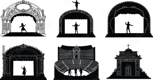 Black Silhouettes of Theatrical Stage Designs with Performers, Classical and Baroque Architecture, Dramatic Poses, Isolated on White Background, Vector Illustration