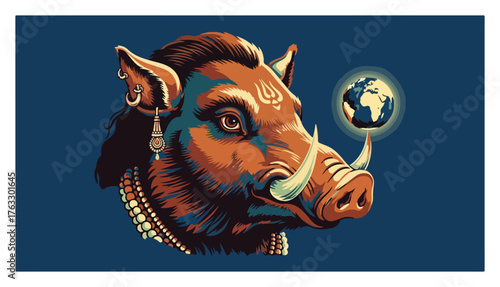 Varaha the boar avatar of Vishnu holding the Earth Hindu god vector illustration
