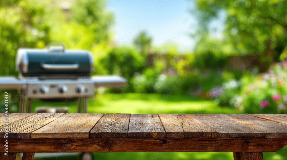 Fototapeta premium Rustic Wood Tabletop with Blurred Barbecue Grill and Garden Background Summer Outdoor Cooking Concept