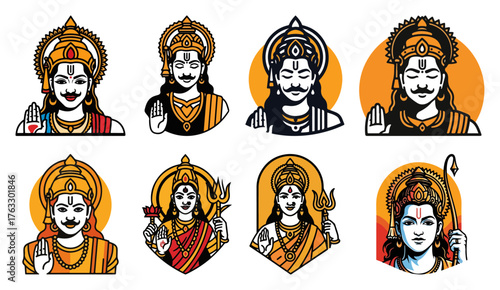 Set of Hindu Gods Vishnu Shiva Durga Rama Modern mascot logo icon collection