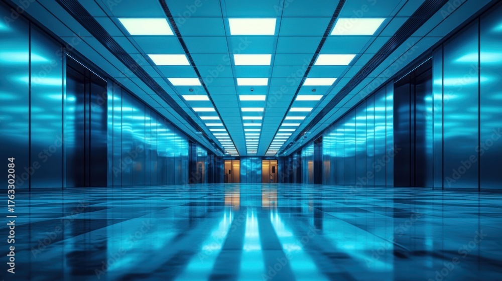 custom made wallpaper toronto digitalEmpty hallway with metallic blue walls, bright ceiling lights, mirrored floor