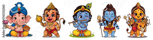 Set of cute baby Hindu Gods Chibi Ganesha Hanuman Krishna Shiva and Durga Kawaii cartoon vector collection