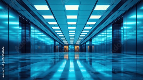 Wallpaper Mural Empty hallway with metallic blue walls, bright ceiling lights, mirrored floor Torontodigital.ca