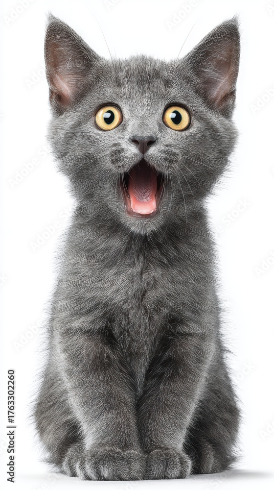 Obraz premium Gray Kitten Sits and Yawning Portrait on White Background Frontal View Cute Expression Big Eyes Open Mouth Pet Animal