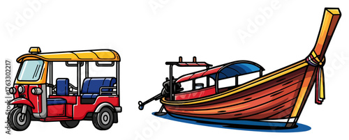 Auto Rickshaw Tuk Tuk And Longtail Boat Vector Color Asia Transport Illustration