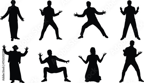 Black Silhouettes of Diverse People in Expressive Poses, Standing Gestures, Dramatic Movements, Casual and Formal Outfits, Isolated on White Background