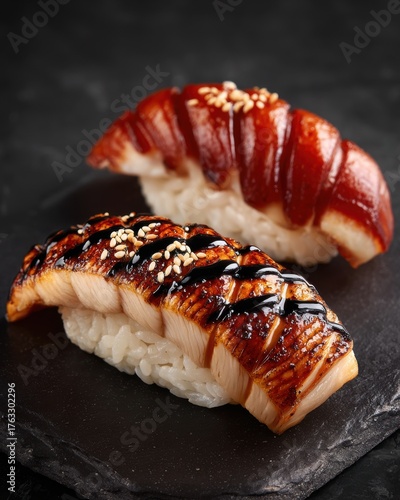 Two pieces of unagi nigiri sushi on slate plate close up studio shot delicious japanese cuisine traditional food