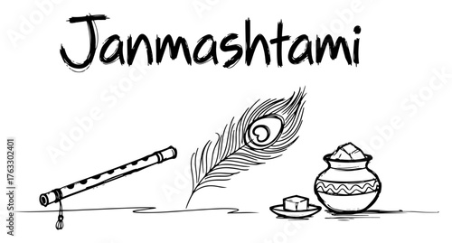 Janmashtami greeting card design Hand drawn sketch of Krishna's flute peacock feather and butter pot