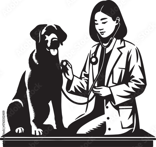 Veterinarian examining dog with stethoscope examination