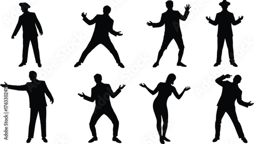 Black Silhouettes of Formal People in Expressive Gestures, Dramatic Poses, Speaking and Performing Stances, Isolated on Clean White Background