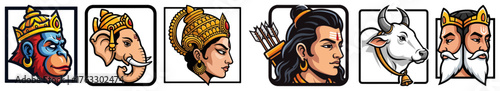 Hindu Gods Mascot and Icon Set Hanuman Ganesha Sita Rama Brahma and sacred Cow vector heads for modern spiritual design