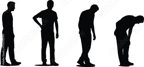 Standing human silhouettes, body posture variation, casual stances, leaning positions, ergonomic study, lifestyle illustration, vector art, body language concept, design reference