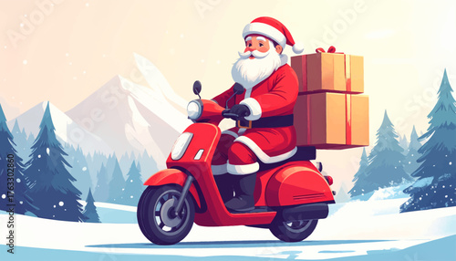 Santa delivering gifts on a scooter in snowy mountains this Christmas season. Jolly Santa zipping through snow, spreading holiday cheer with gifts. Festive Santa Claus riding a scooter
