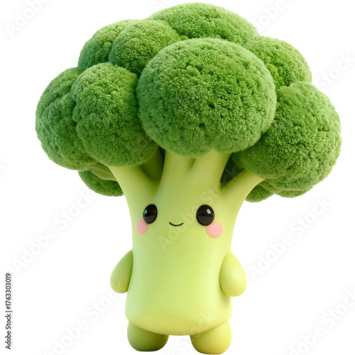Cute 3D plush green broccoli kawaii cut-out character. Adorable smiling vegetable mascot png design element.