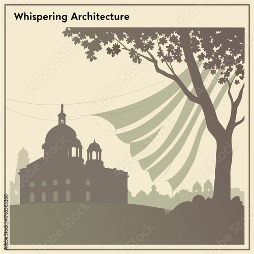 The stylized image, titled "Whispering Architecture", features a silhouetted building beneath a tree with light streaming through its leaves. This piece evokes a sense of quiet observation and artisti