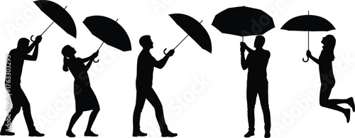 Umbrella silhouettes illustration, people holding umbrellas, rainy day vector, lifestyle posture design, weather protection concept, artistic movement drawing, fashion style art