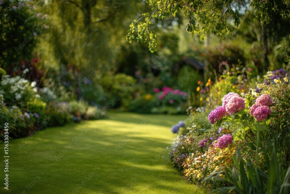 Obraz premium Lush garden path with pink hydrangeas and green lawn in summer sunshine landscape view of colorful flowers and foliage in peaceful setting