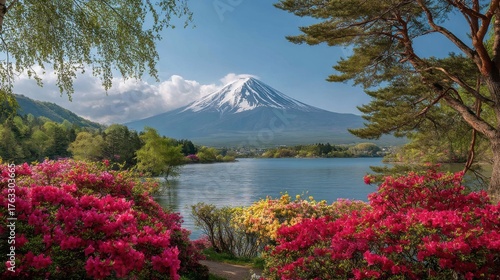 Serene Mount Fuji Landscape with Azaleas and Lake Kawaguchiko in Springtime Japan Scenic View