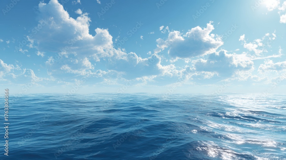 Fototapeta premium Open ocean view with blue sky and fluffy white clouds, serene seascape, horizon perspective, sunny day, calm water