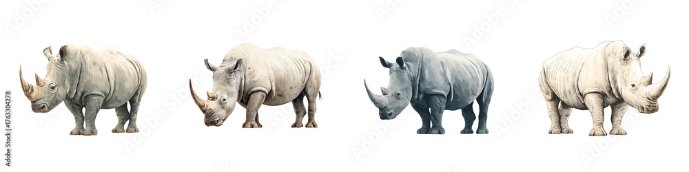 Fototapeta premium Rhino Set: Standing, White Background, Different Shades