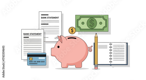 Flat Line Piggy Bank with Savings and Investment Account Icon Illustration