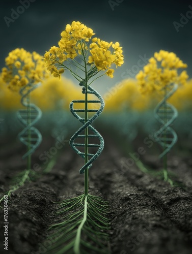 Close-up of canola plants with DNA helix structure in a field, representing genetic engineering and agricultural biotechnology