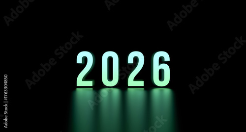 2026, neon number, the number 2026 glowing with reflection on a black background. Green 2026 with a tint, abstract concept, wallpaper. 3D render