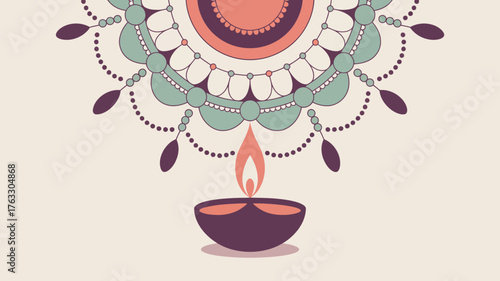 A decorative illustration showing a diya lamp with a mandala design on a light beige background