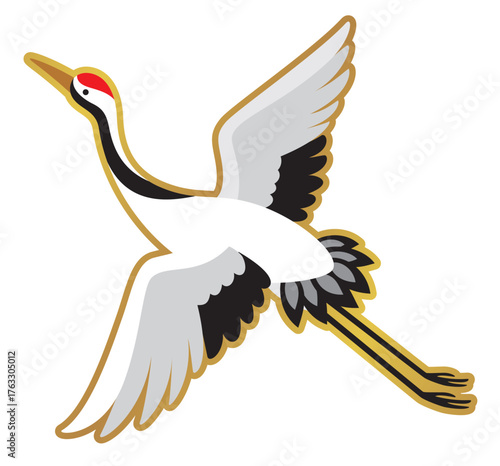 縁起の良い鶴のベクターイラスト／飛翔するタンチョウ鶴／年賀状やお祝い事に