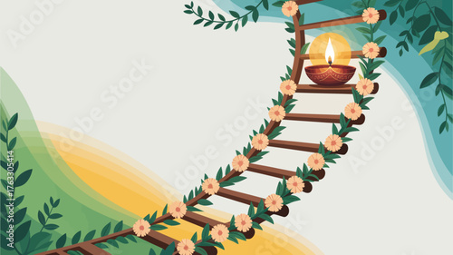 A white toy wagon with small wheels and a flag on a colorful rounded tile floor in a cartoon style