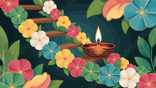 A lit diya on a wooden ladder decorated with colorful flowers and green leaves on a dark background