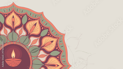 Ornate mandala design with a central diya lamp on a light beige background with partial completion
