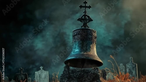 Mysterious antique church bell stands in foggy cemetery at night among ancient stone tombs